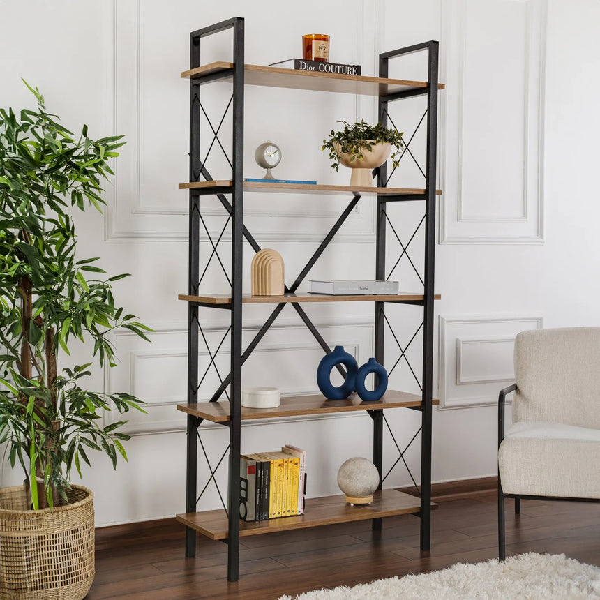 Regale Elysian aus melaminbeschichteten Holz und Metall in Walnuss und Schwarz, 90x33,5x180 cm von Hanah Home – Bild 1