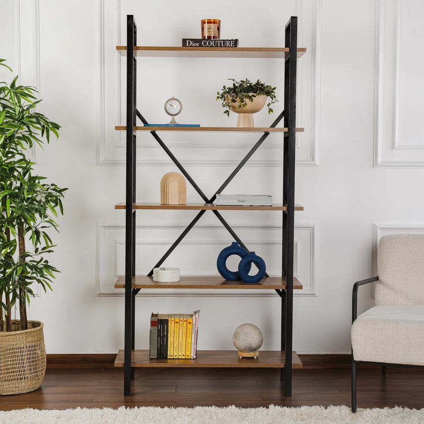 Regale Elysian aus melaminbeschichteten Holz und Metall in Walnuss und Schwarz, 90x33,5x180 cm von Hanah Home – Bild 2