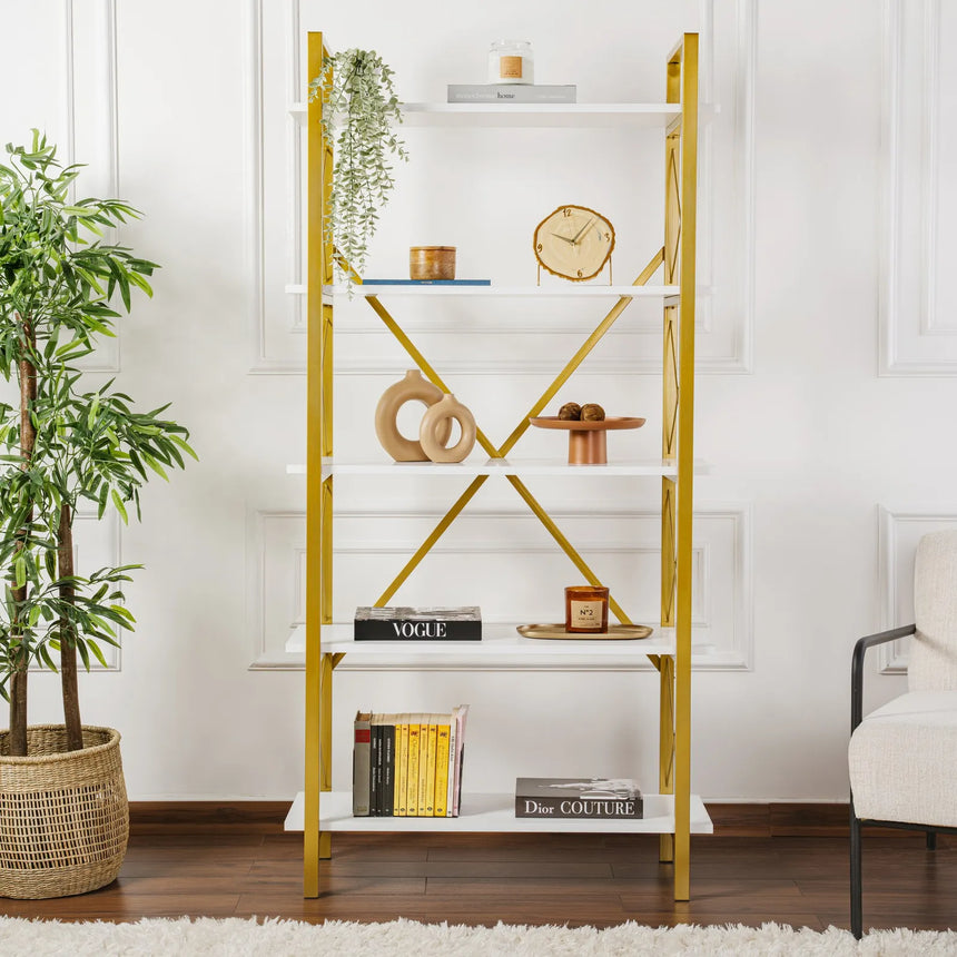 Regale Elysian aus melaminbeschichteten Holz und Metall in Weiß und Gold, 90x33,5x180 cm von Hanah Home – Bild 2