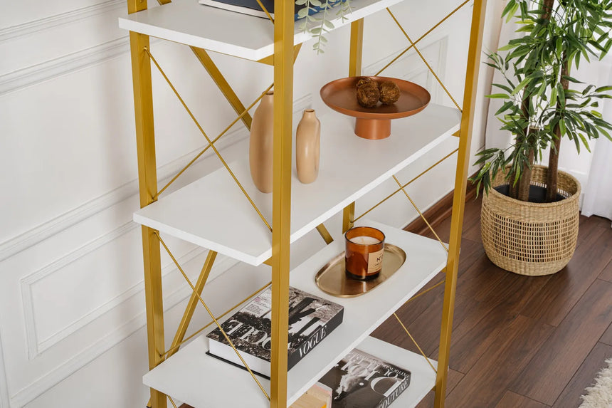 Regale Elysian aus melaminbeschichteten Holz und Metall in Weiß und Gold, 90x33,5x180 cm von Hanah Home – Bild 3
