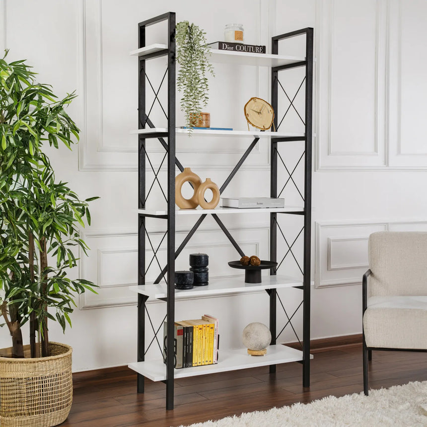 Regale Elysian aus melaminbeschichteten Holz und Metall in Weiß und Schwarz, 90x33,5x180 cm von Hanah Home – Bild 1