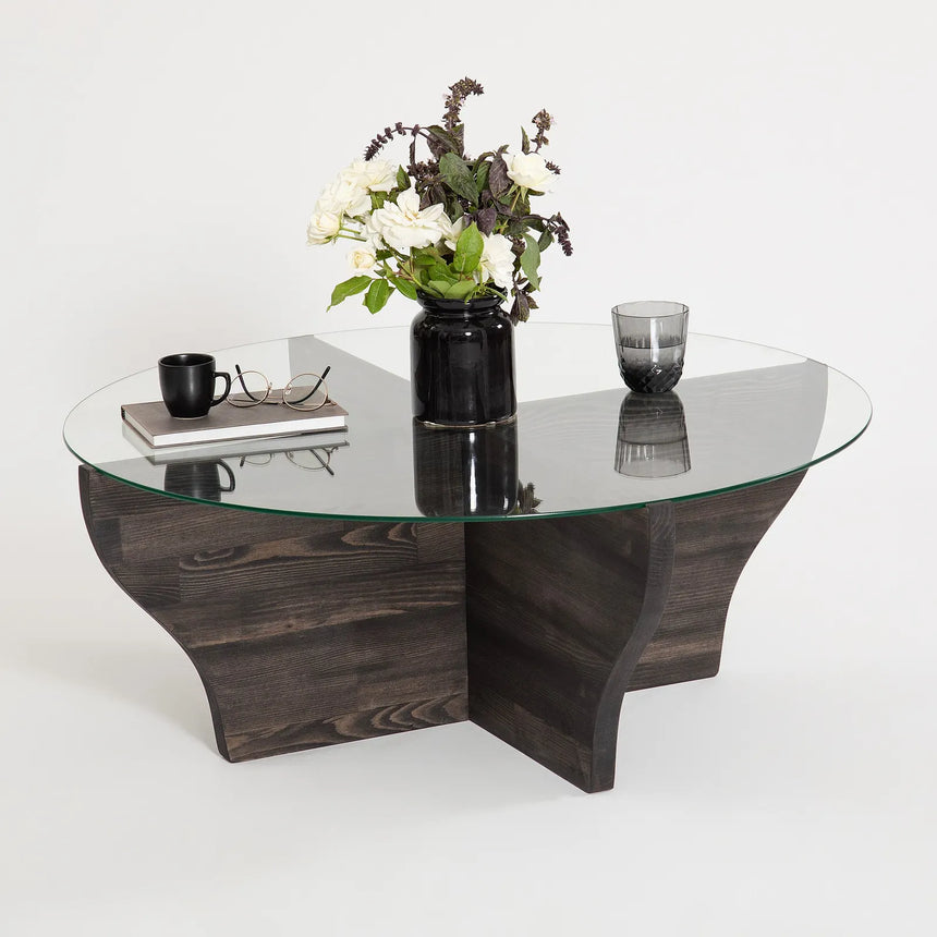 Runder Couchtisch Amphora aus Kiefernholz und gehärtetem Glas in Anthrazit 92Ø von Hanah Home – Bild 4