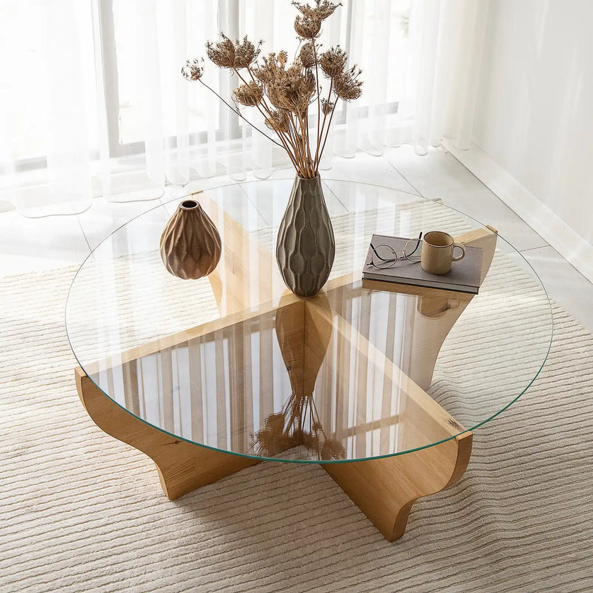 Runder Couchtisch Amphora aus Kiefernholz und gehärtetem Glas in Teak 92Ø von Hanah Home – Bild 2