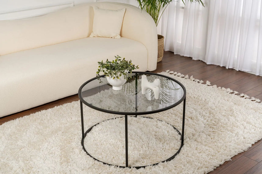 Runder Couchtisch Aurum aus gehärtetem Glas und Metall in Schwarz und Grau 80Ø von Hanah Home – Bild 1
