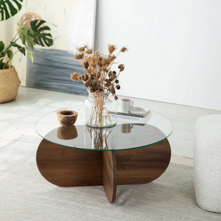Runder Couchtisch Bubble aus massivem Kiefernholz und gehärtetem Glas 75Ø von Hanah Home – Bild 1