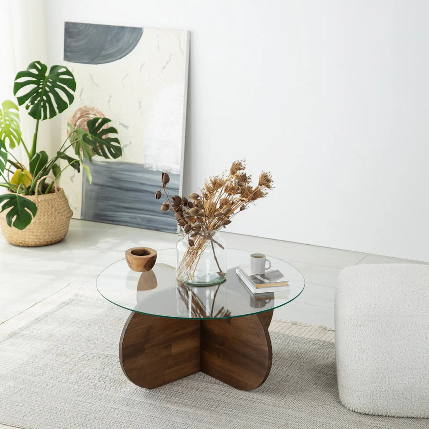 Runder Couchtisch Bubble aus massivem Kiefernholz und gehärtetem Glas 75Ø von Hanah Home – Bild 3