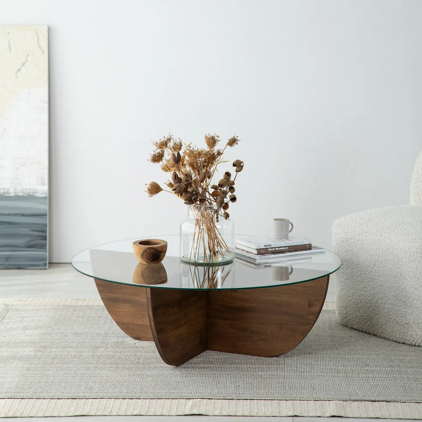 Runder Couchtisch Lily aus massivem Kiefernholz und gehärtetem Glas 90Ø von Hanah Home – Bild 2