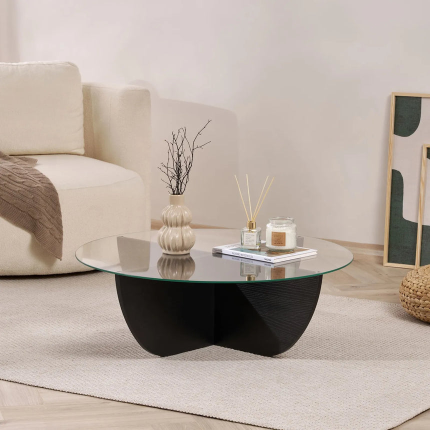Runder Couchtisch Liya aus Glas und melaminbeschichtetem Spanplatte in Holzschwarz 90Ø von Hanah Home – Bild 2