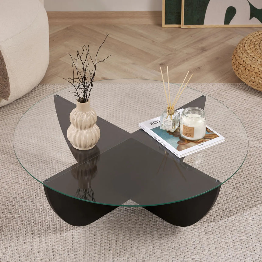 Runder Couchtisch Liya aus Glas und melaminbeschichtetem Spanplatte in Holzschwarz 90Ø von Hanah Home – Bild 4