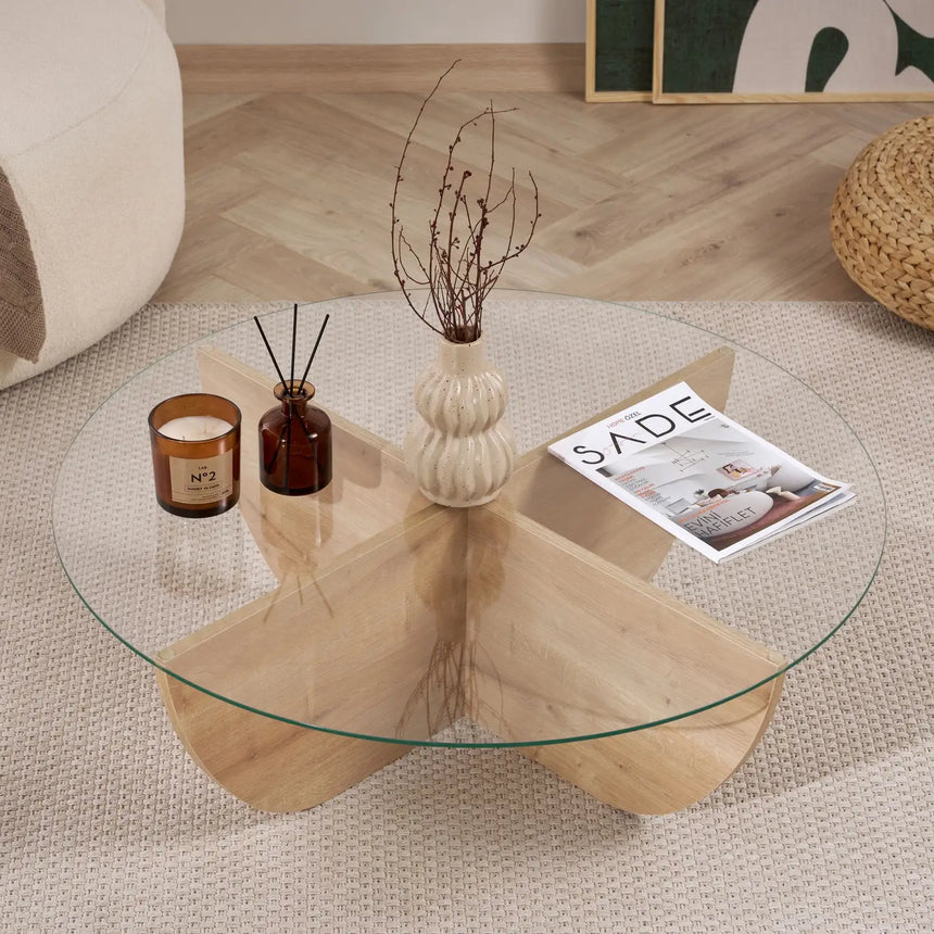 Runder Couchtisch Liya aus Glas und melaminbeschichteter Spanplatte in Saphir-Eiche 90Ø von Hanah Home – Bild 4