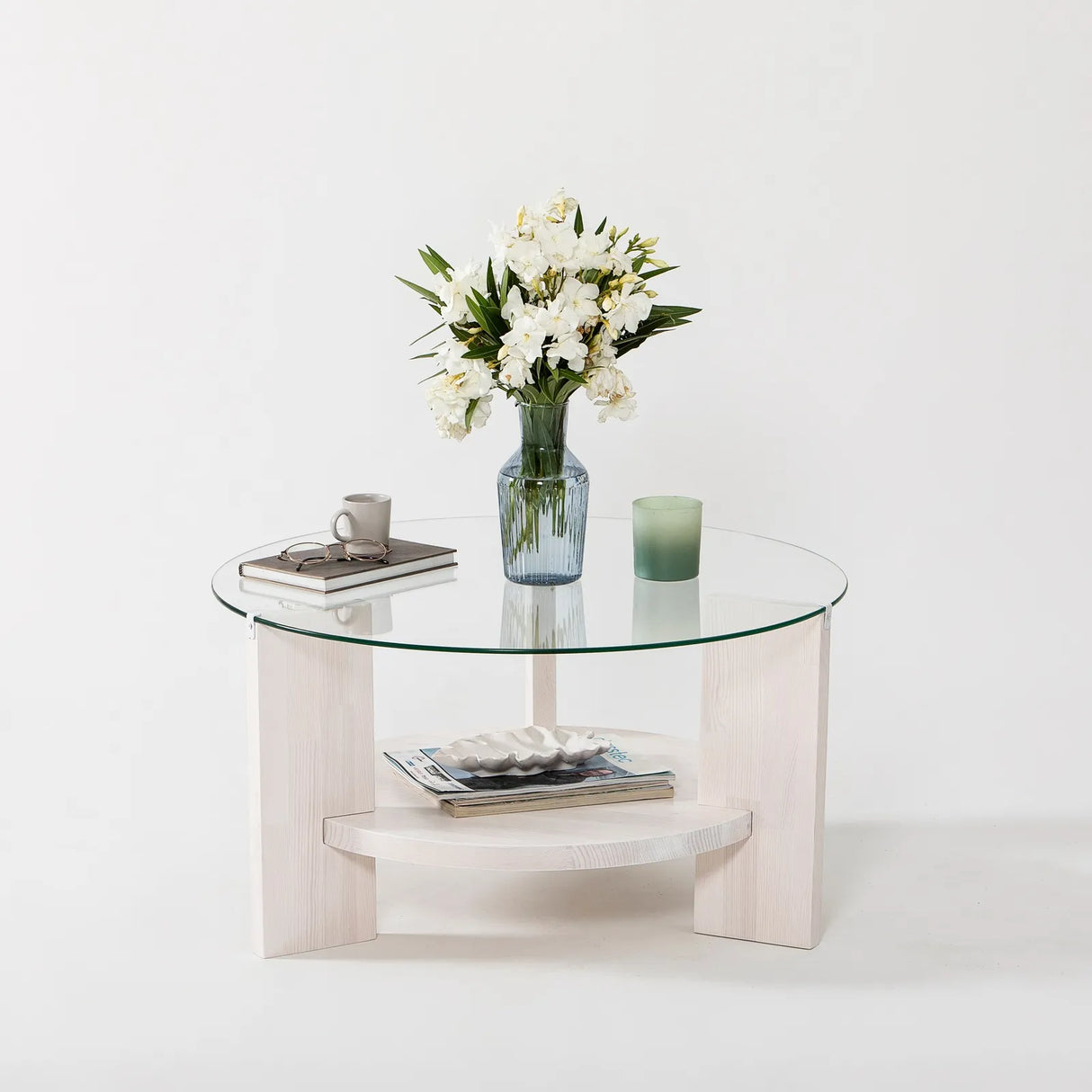 Runder Couchtisch Mahal aus massivem Kieferholz und gehärtetem Glas, 75×75×40 cm von Hanah Home – Bild 3