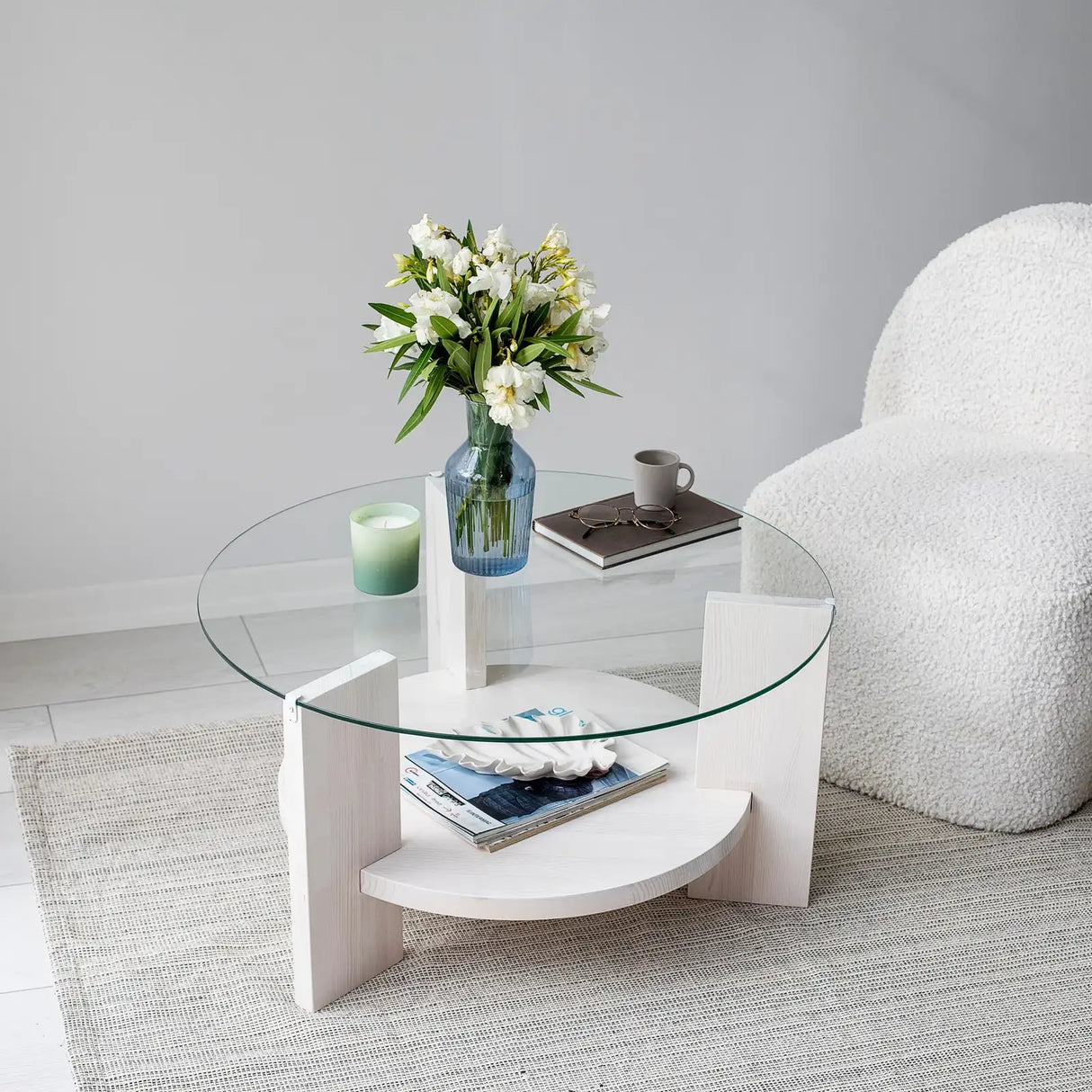Runder Couchtisch Mahal aus massivem Kieferholz und gehärtetem Glas, 75×75×40 cm von Hanah Home – Bild 5