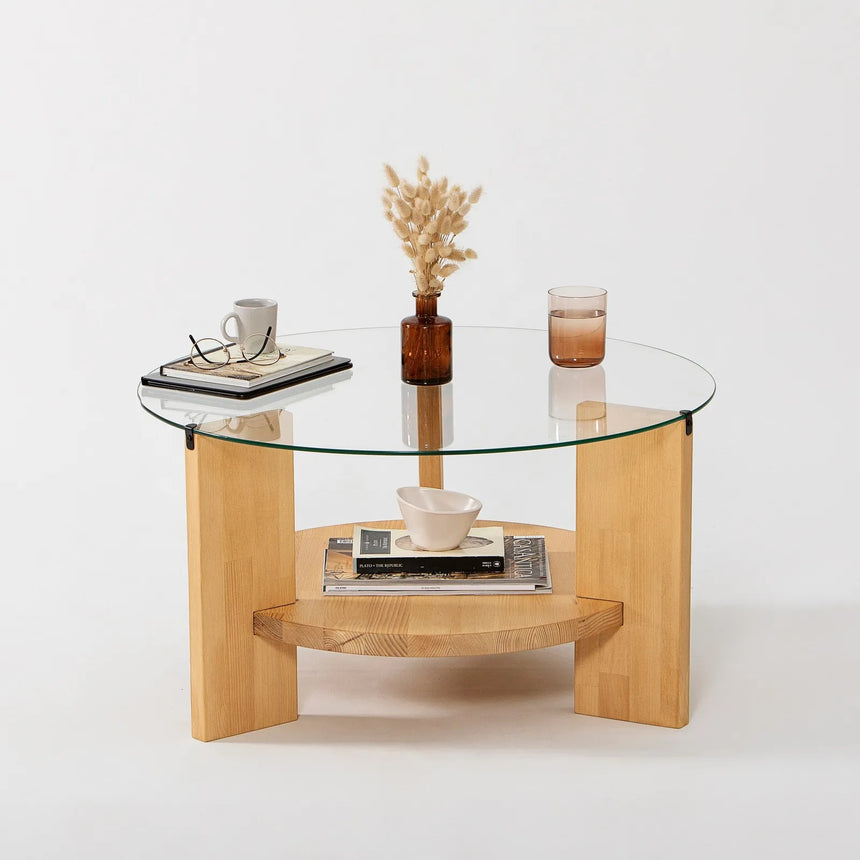 Runder Couchtisch Mahal aus massivem Kieferholz und gehärtetem Glas in Eiche, 75×75×40 cm von Hanah Home – Bild 4