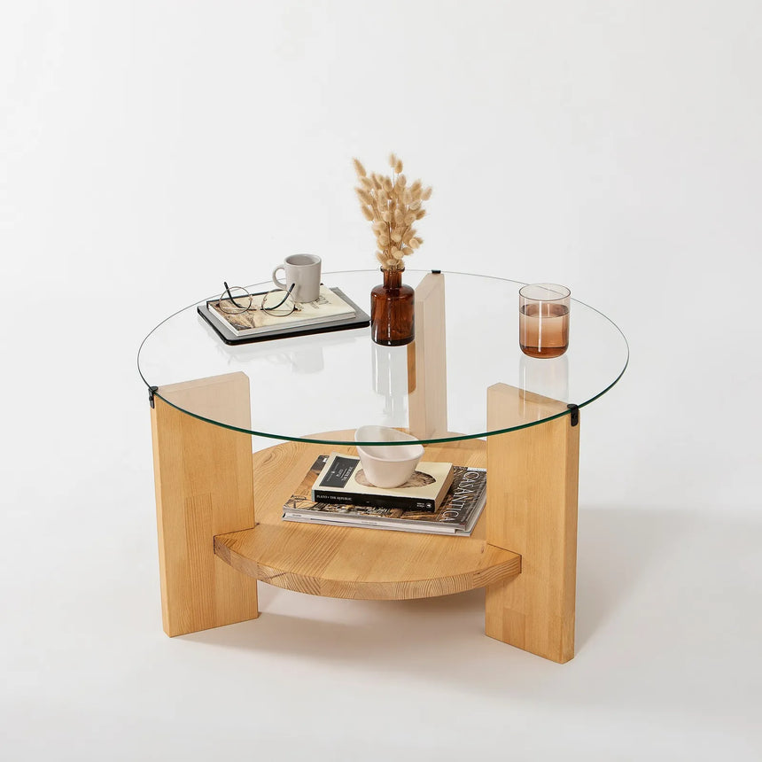 Runder Couchtisch Mahal aus massivem Kieferholz und gehärtetem Glas in Eiche, 75×75×40 cm von Hanah Home – Bild 5