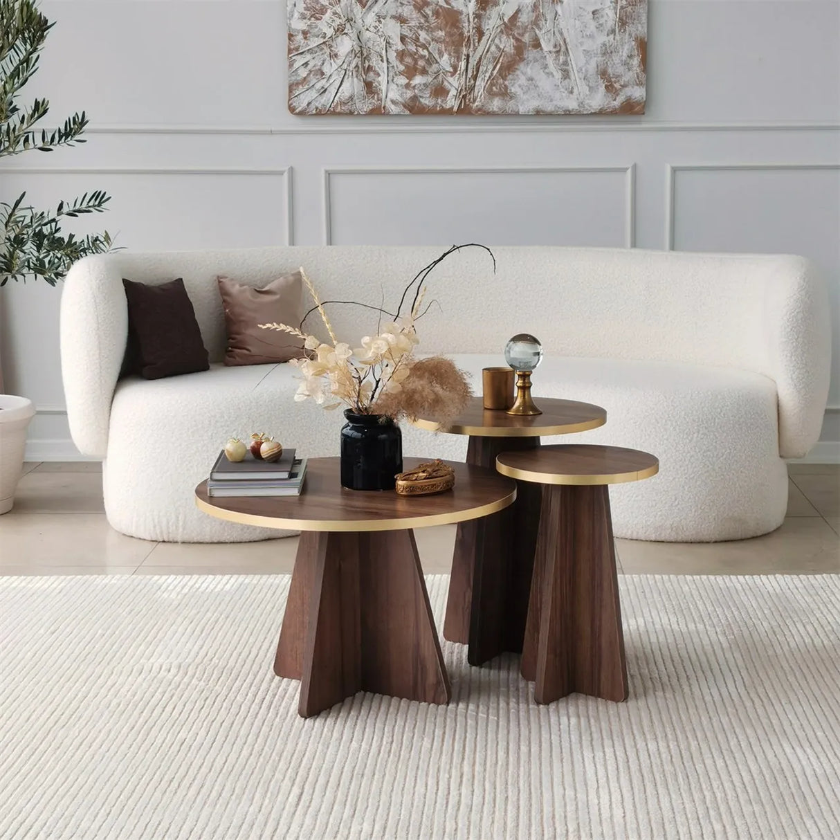 Runder Couchtisch Mushroom aus melaminbeschichteten Holz in Gold und Walnuss, 60×60×40 cm von Hanah Home – Bild 5