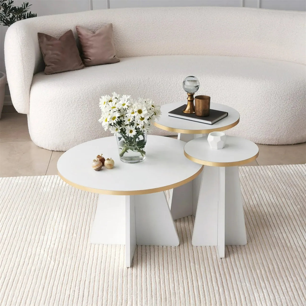 Runder Couchtisch Mushroom aus melaminbeschichteten Holz in Gold und Weiß, 60×60×40cm von Hanah Home – Bild 4