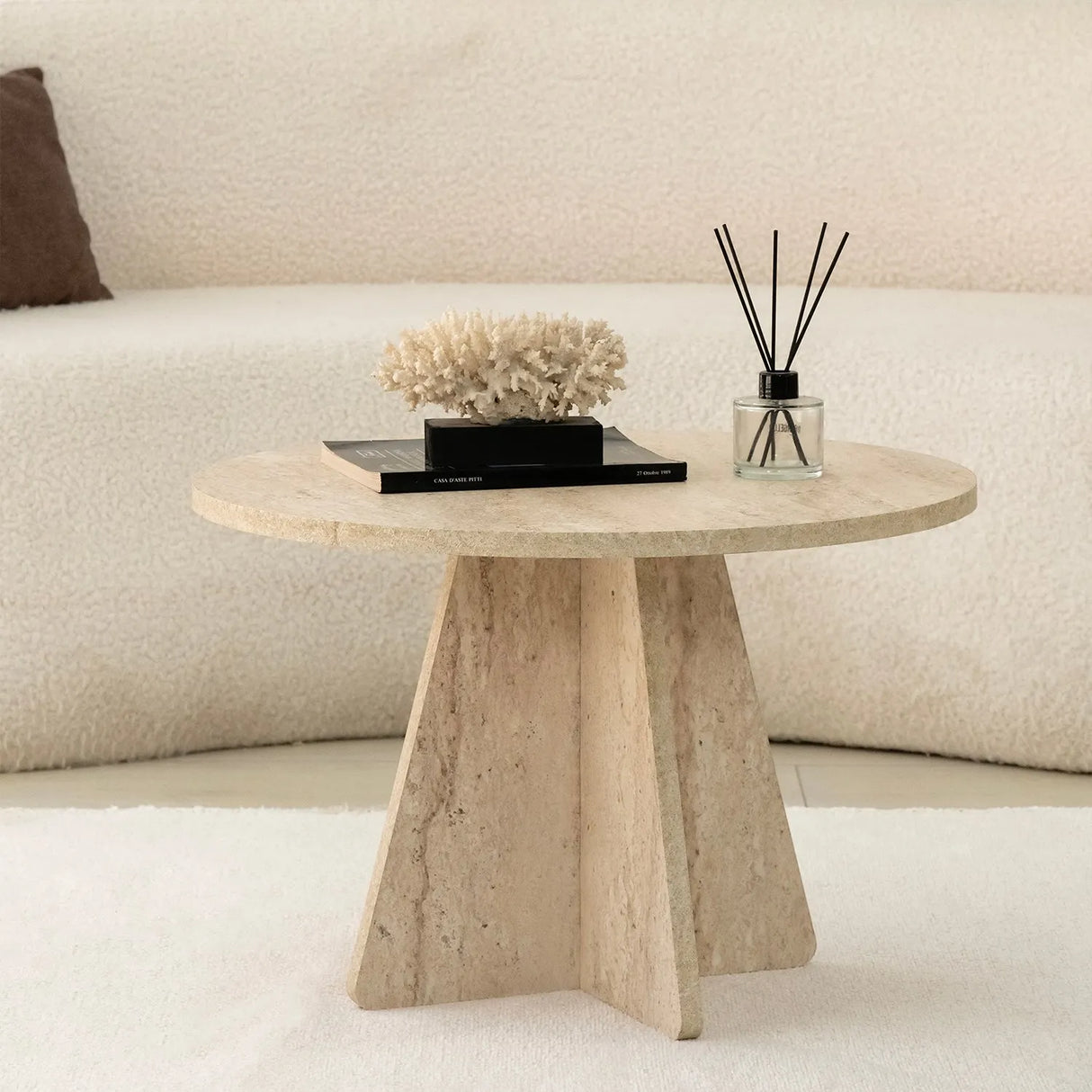 Runder Couchtisch Mushroom aus melaminbeschichteten Holz in Travertin, 60×60×40 cm von Hanah Home – Bild 5