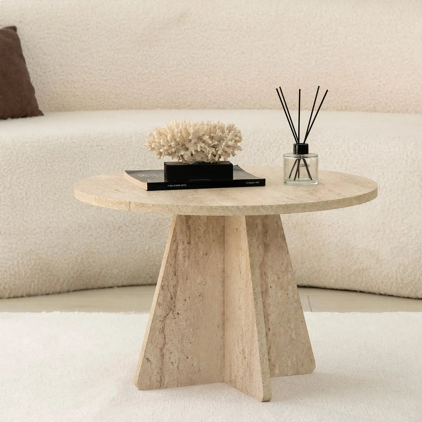 Runder Couchtisch Mushroom aus melaminbeschichteten Holz in Travertin, 60×60×40 cm von Hanah Home – Bild 5