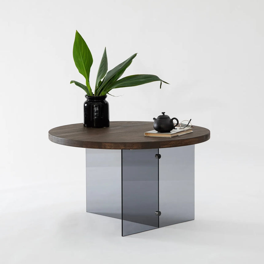 Runder Couchtisch Serenity aus Holz und gehärtetem Glas in Walnuss und Dunkelgrau 70Ø von Hanah Home – Bild 2