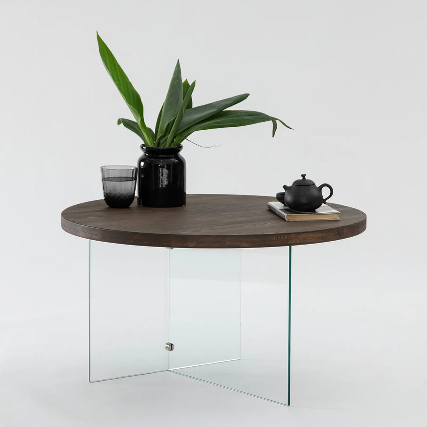 Runder Couchtisch Serenity aus Holz und gehärtetem Glas in Walnuss und Transparent 70Ø von Hanah Home – Bild 1