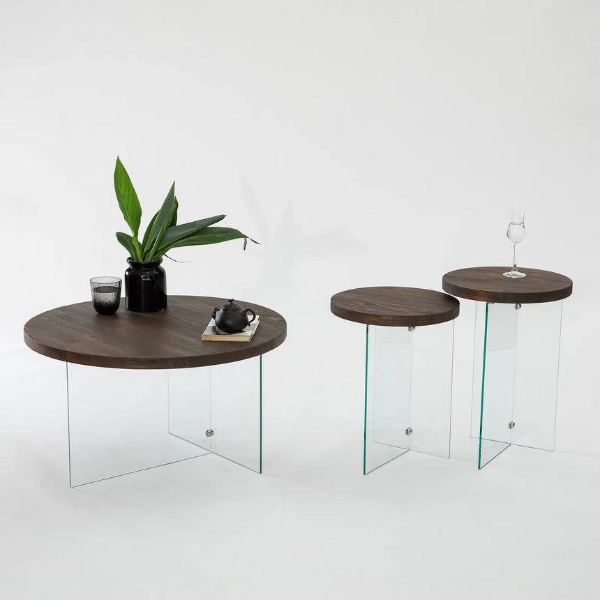 Runder Couchtisch Serenity aus Holz und gehärtetem Glas in Walnuss und Transparent 70Ø von Hanah Home – Bild 6
