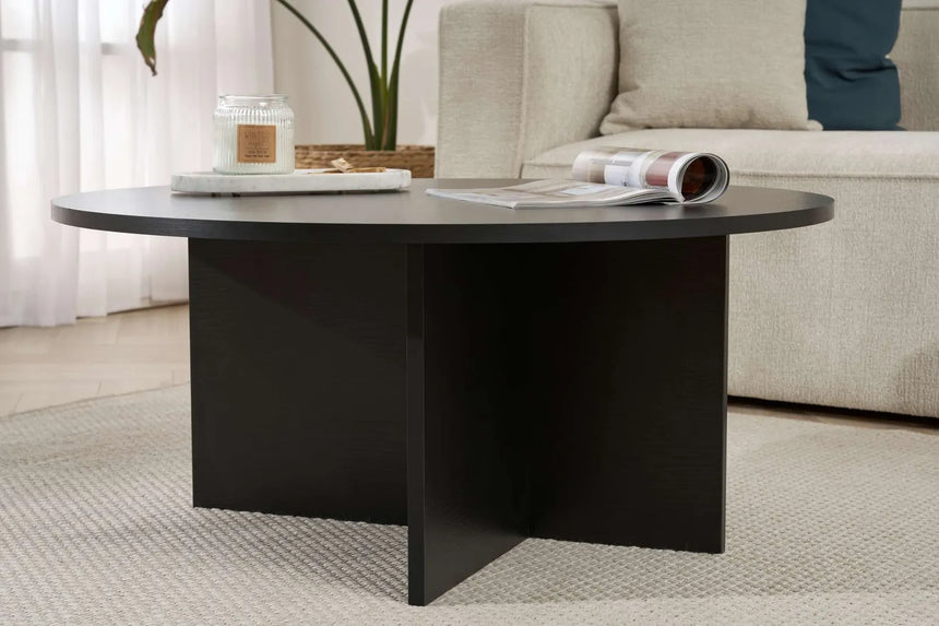 Runder Couchtisch Soleil aus melaminbeschichteter Spanplatte in Holzschwarz 90Ø von Hanah Home – Bild 4