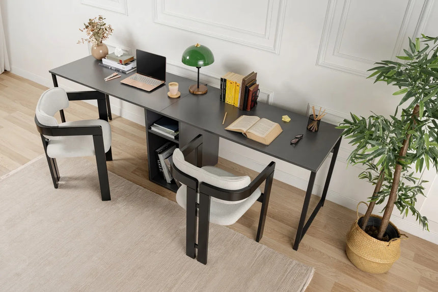 Schreibtisch Twin Study Desk aus Metall und melaminharzbeschichteten Holz in Anthrazit und Schwarz, 240×60×74 cm von Hanah Home – Bild 1