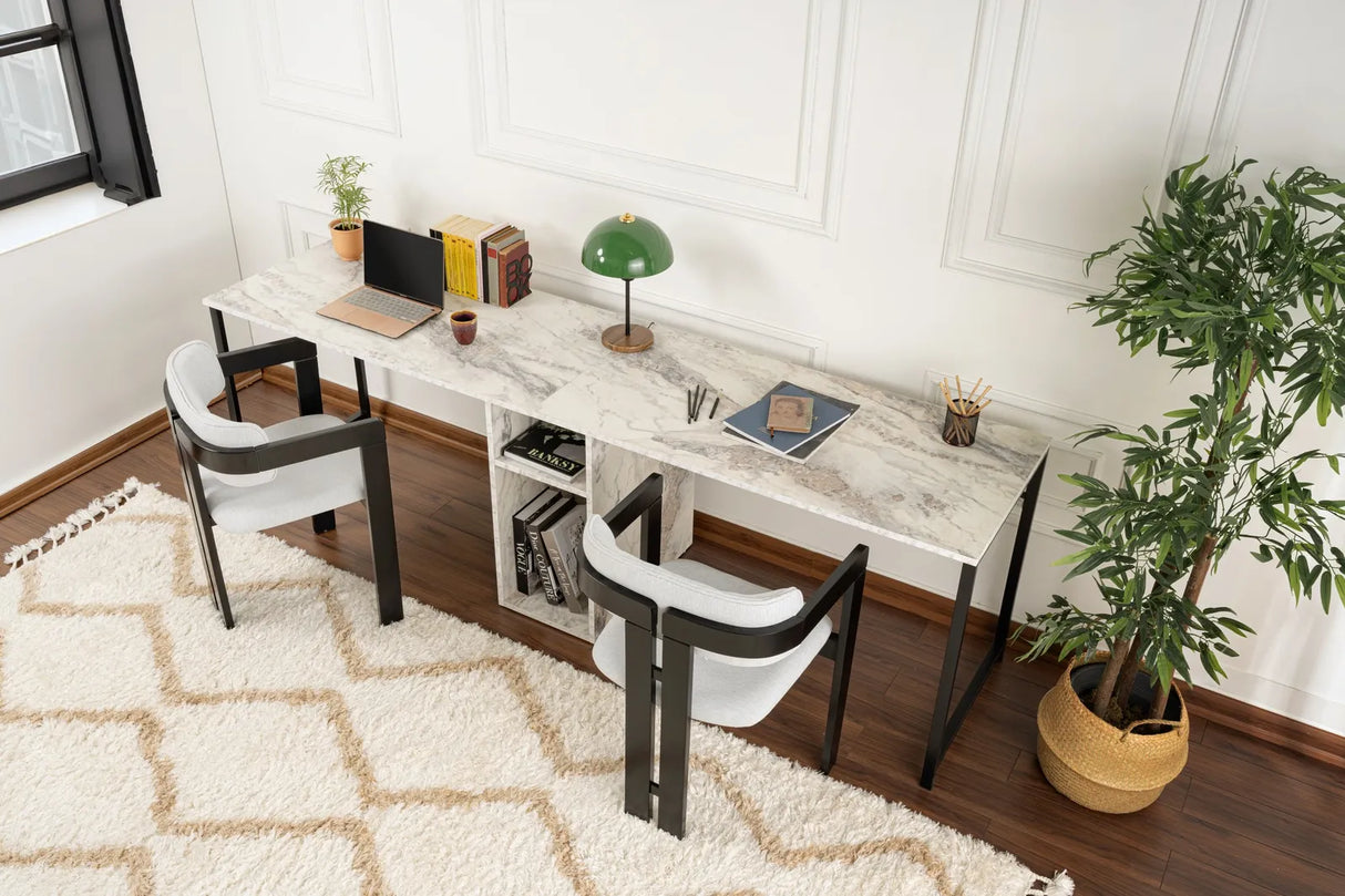 Schreibtisch Twin Study Desk aus Metall und melaminharzbeschichteten Holz in Freesie-Marmor und Schwarz, 240×60×74 cm von Hanah Home – Bild 1
