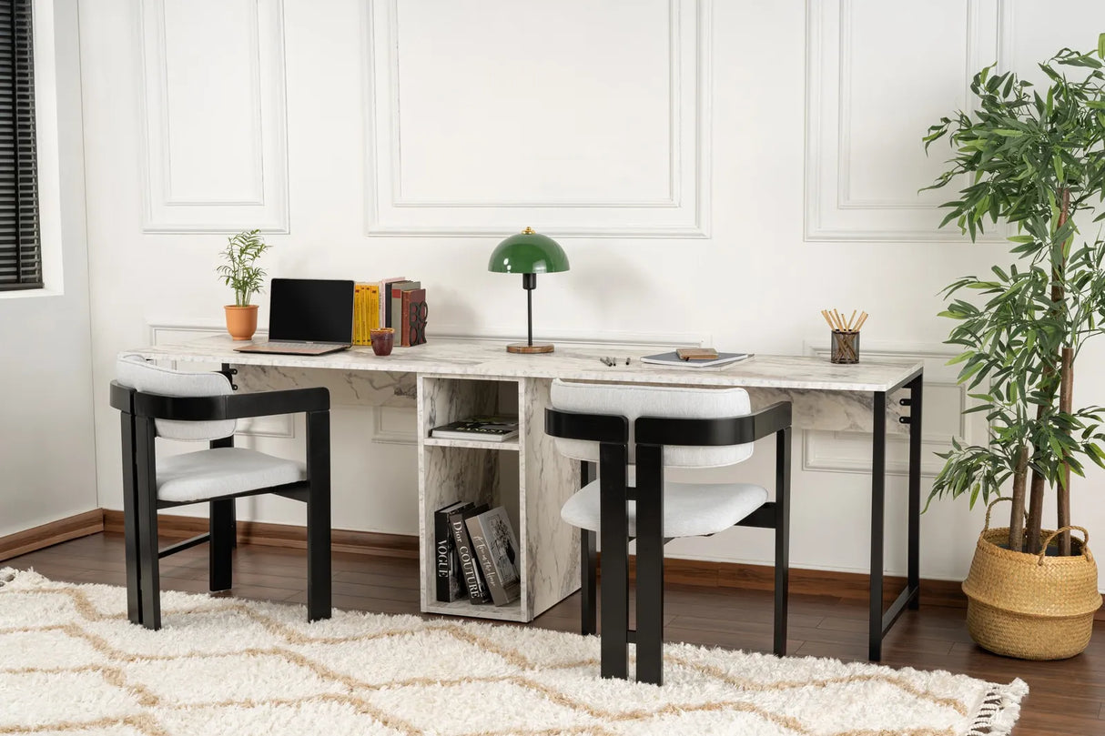 Schreibtisch Twin Study Desk aus Metall und melaminharzbeschichteten Holz in Freesie-Marmor und Schwarz, 240×60×74 cm von Hanah Home – Bild 2