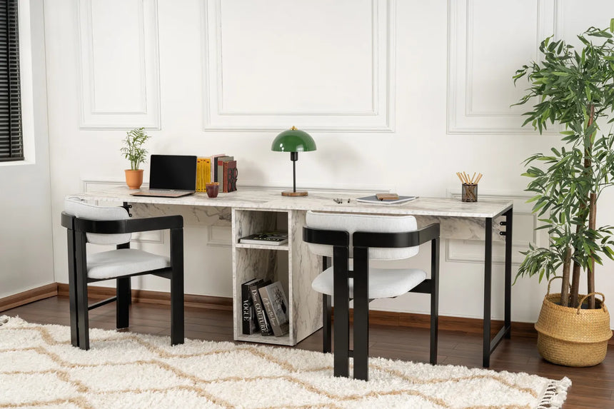 Schreibtisch Twin Study Desk aus Metall und melaminharzbeschichteten Holz in Freesie-Marmor und Schwarz, 240×60×74 cm von Hanah Home – Bild 2