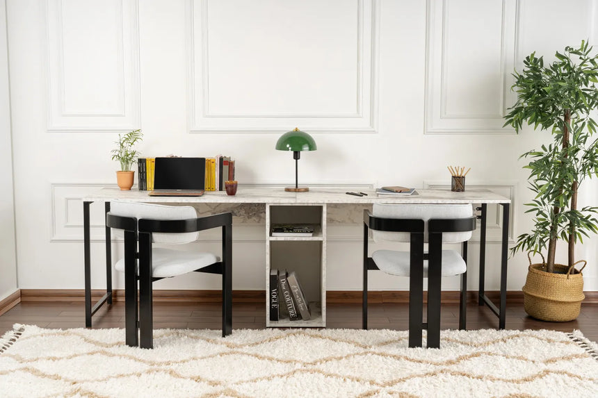Schreibtisch Twin Study Desk aus Metall und melaminharzbeschichteten Holz in Freesie-Marmor und Schwarz, 240×60×74 cm von Hanah Home – Bild 3