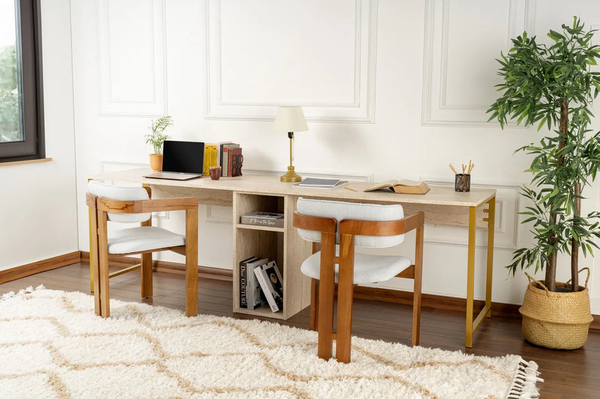 Schreibtisch Twin Study Desk aus Metall und melaminharzbeschichteten Holz in Travertin und Gold, 240×60×74 cm von Hanah Home – Bild 2
