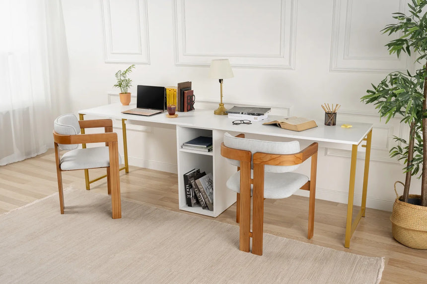 Schreibtisch Twin Study Desk aus Metall und melaminharzbeschichteten Holz in Weiß und Gold, 240×60×74 cm von Hanah Home – Bild 2