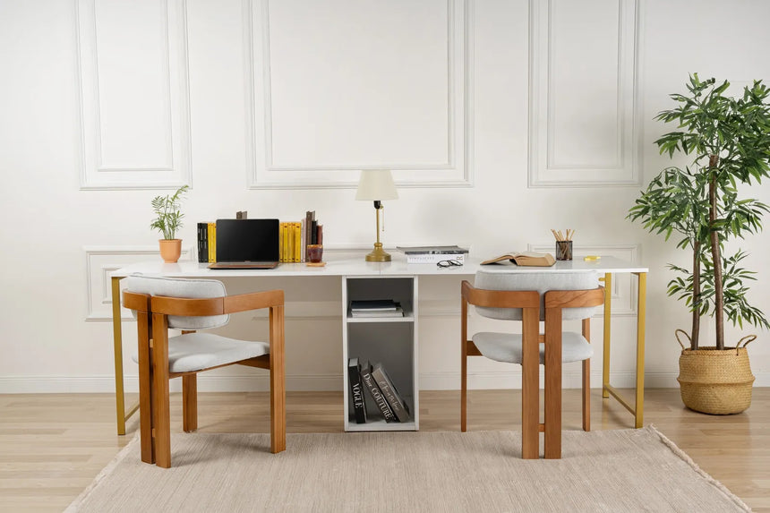 Schreibtisch Twin Study Desk aus Metall und melaminharzbeschichteten Holz in Weiß und Gold, 240×60×74 cm von Hanah Home – Bild 3