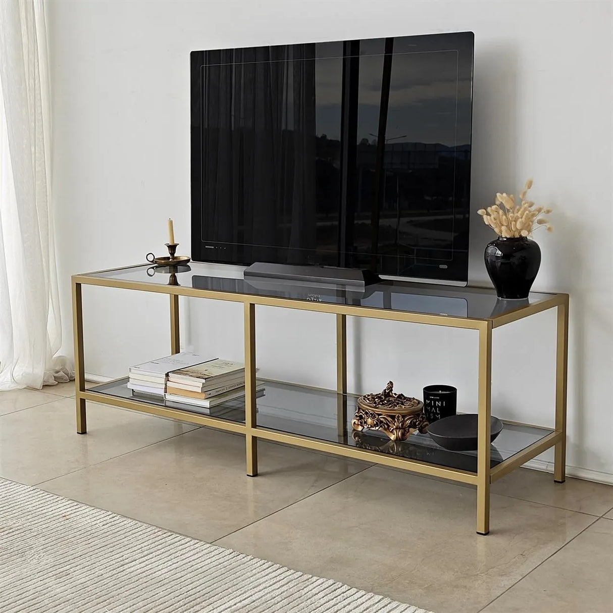 TV-Schrank Basic aus Metall und gehärtetem Glas in Dunkelgrau und Gold, 130×40×45 cm von Hanah Home – Bild 1