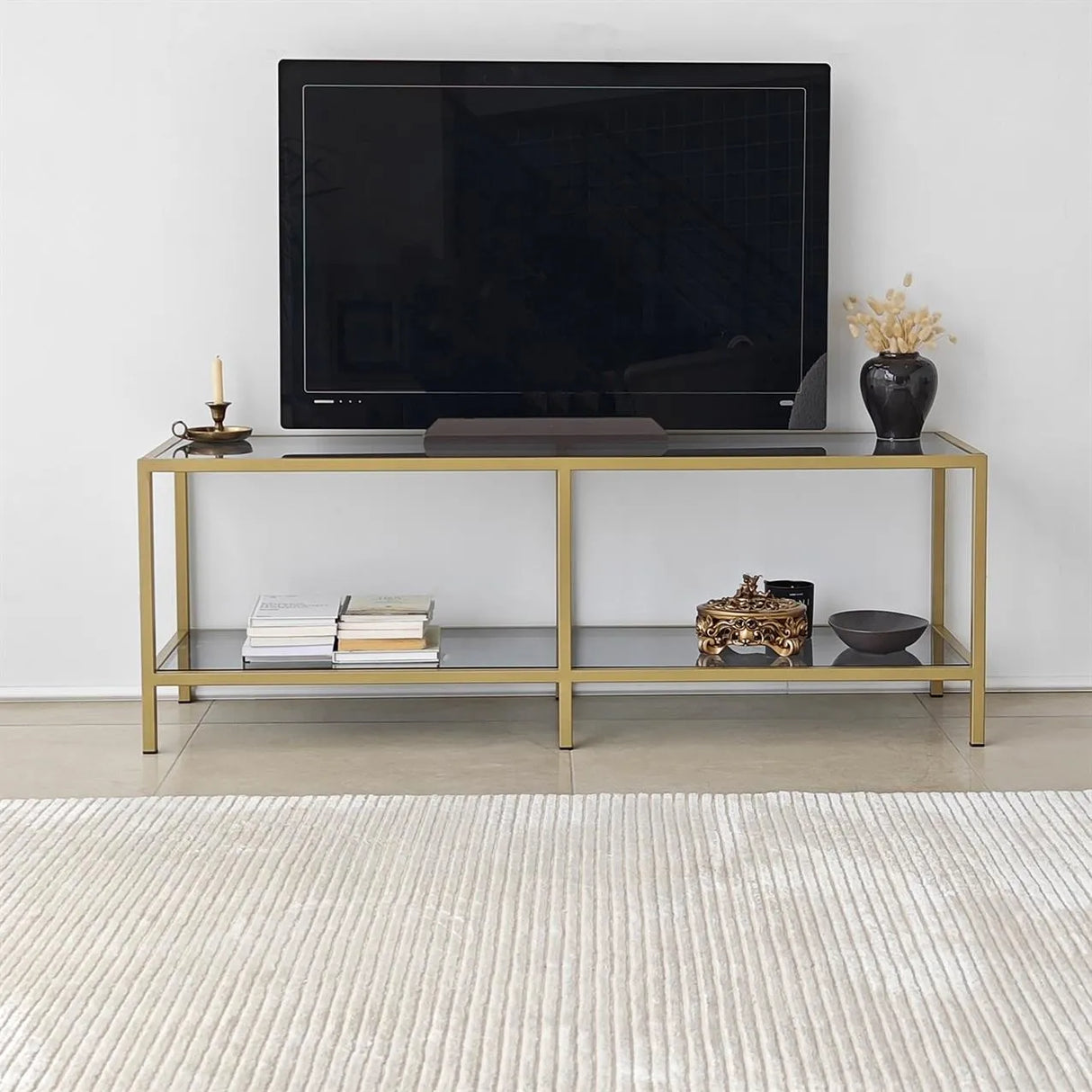 TV-Schrank Basic aus Metall und gehärtetem Glas in Dunkelgrau und Gold, 130×40×45 cm von Hanah Home – Bild 2