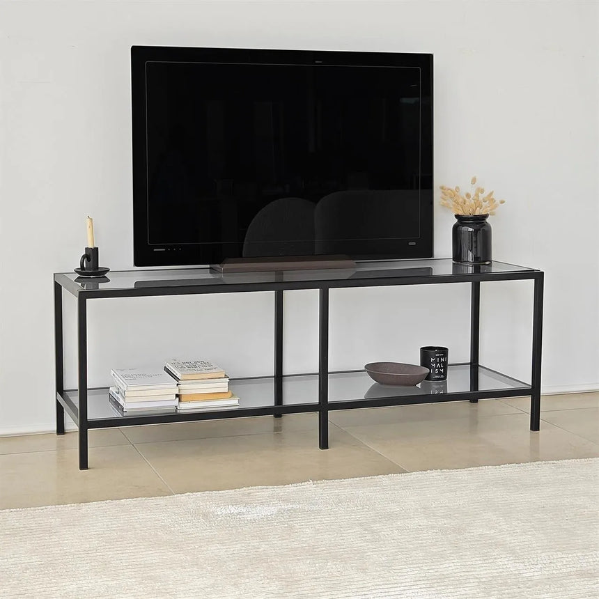 TV-Schrank Basic aus gehärtetem Glas und Metall in Dunkelgrau und Schwarz, 130×40×45 cm von Hanah Home – Bild 3