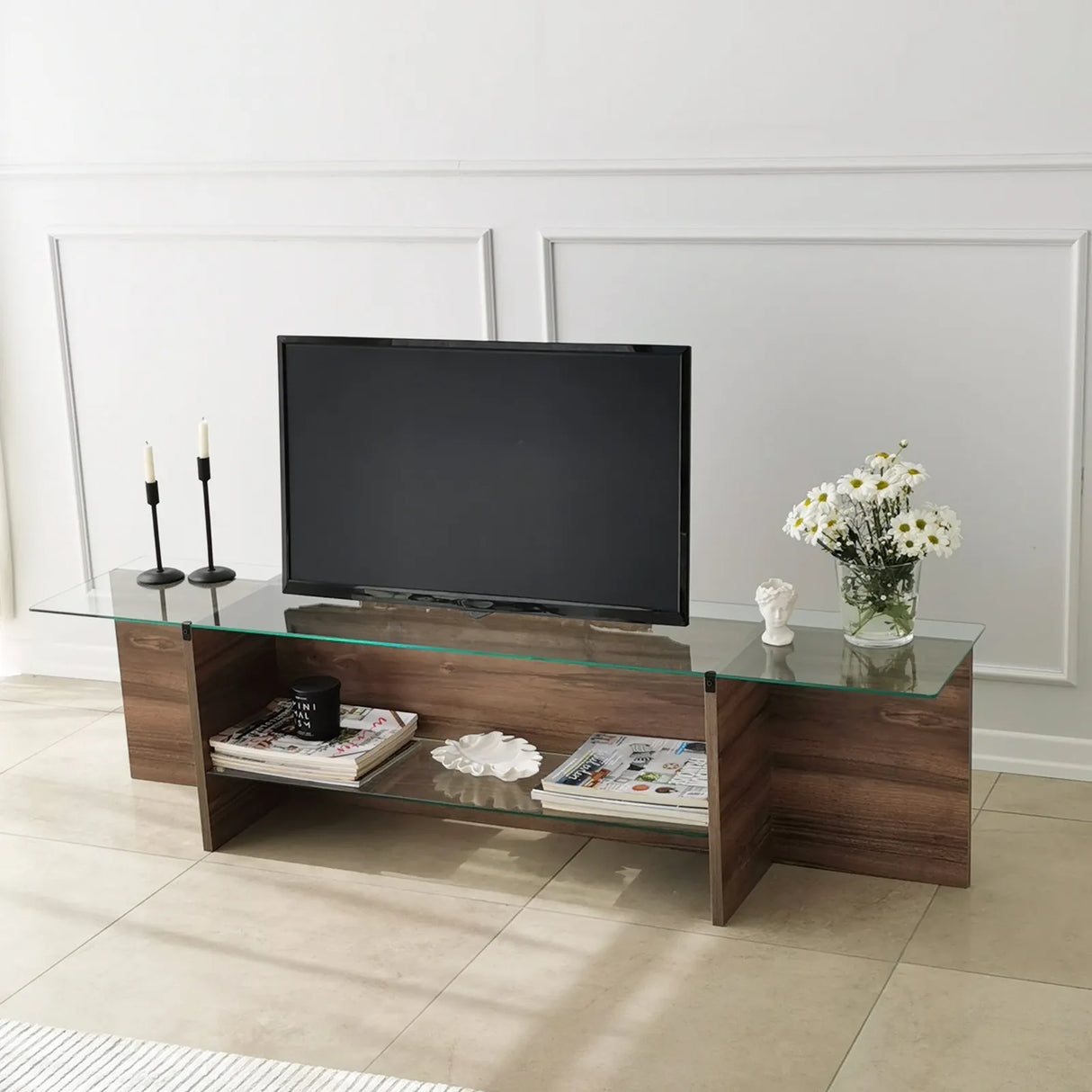 TV-Schrank Escape aus melaminbeschichteten Holz und gehärtetem Glas in Walnuss, 158×35×40 cm von Hanah Home – Bild 3
