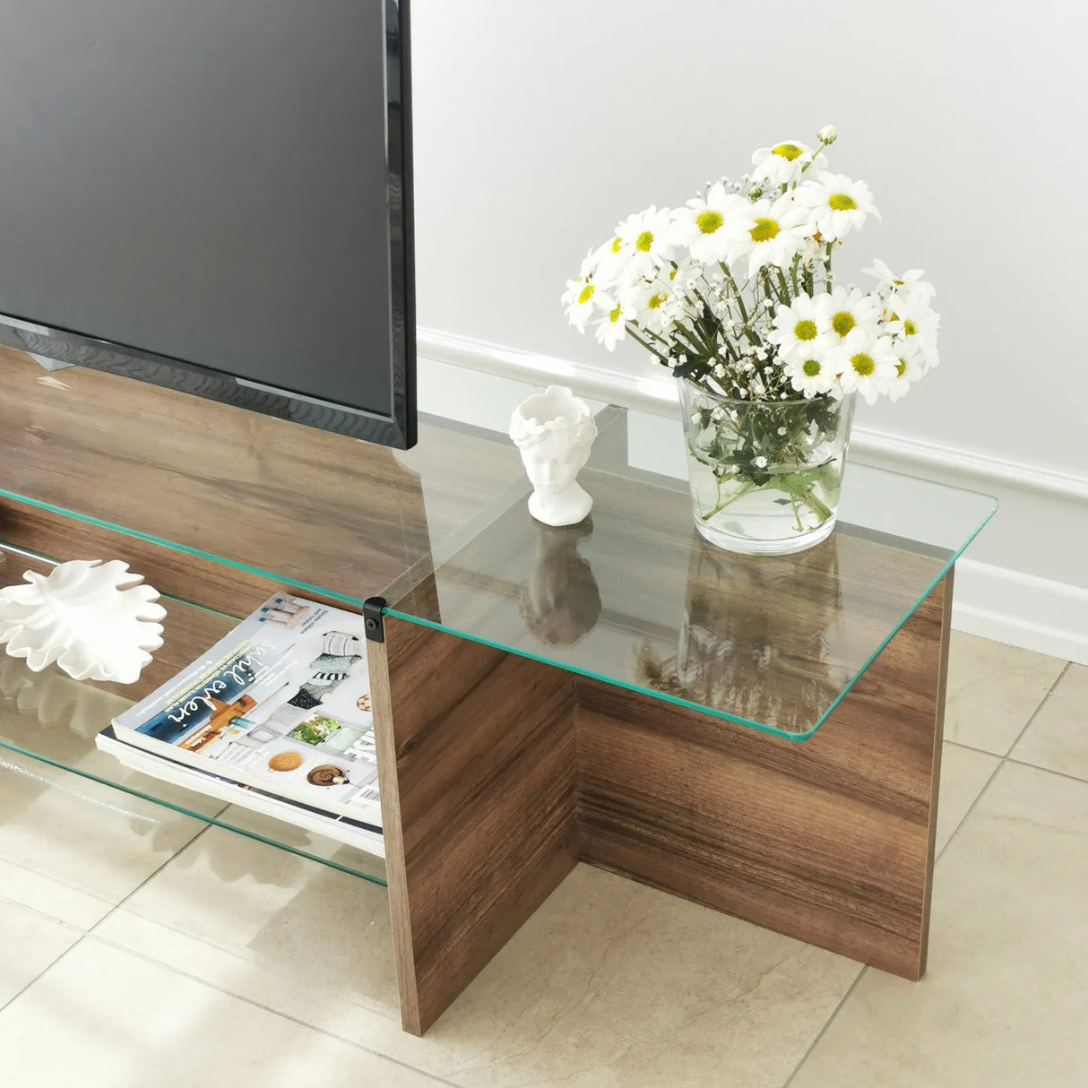 TV-Schrank Escape aus melaminbeschichteten Holz und gehärtetem Glas in Walnuss, 158×35×40 cm von Hanah Home – Bild 5