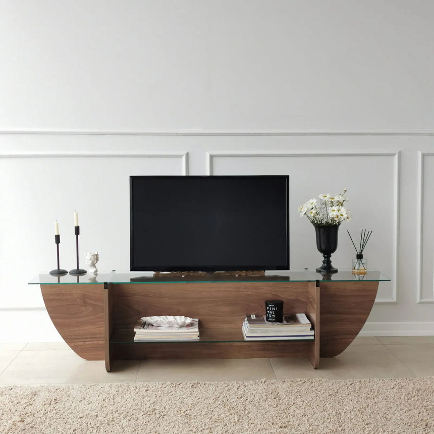 TV-Schrank Lily aus melaminharzbeschichteten Holz und gehärtetem Glas in Walnuss, 158×35×40 cm von Hanah Home – Bild 2