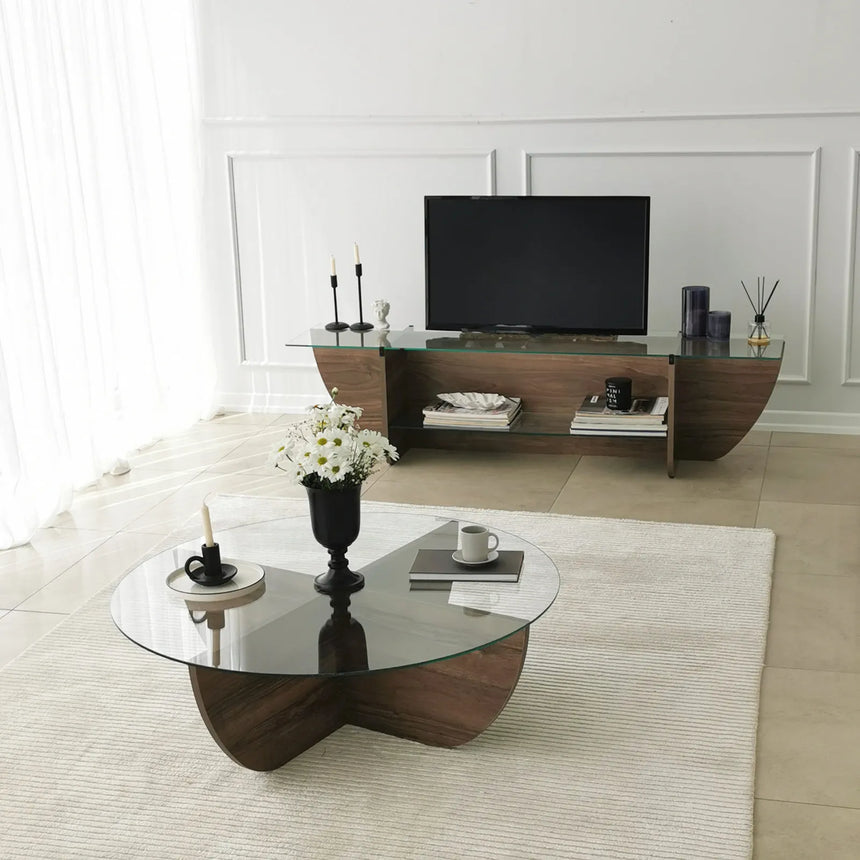 TV-Schrank Lily aus melaminharzbeschichteten Holz und gehärtetem Glas in Walnuss, 158×35×40 cm von Hanah Home – Bild 7
