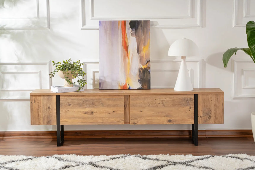 TV-Schrank Serenity aus melaminbeschichteten Holz in Atlantik-Kiefer und Schwarz, 180×29,5×50 cm von Hanah Home – Bild 3