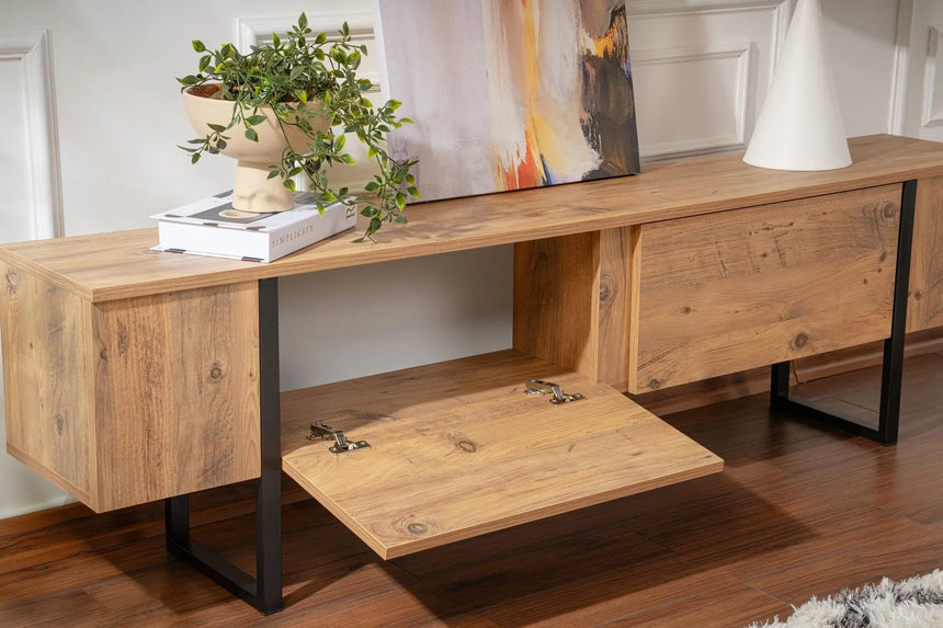 TV-Schrank Serenity aus melaminbeschichteten Holz in Atlantik-Kiefer und Schwarz, 180×29,5×50 cm von Hanah Home – Bild 5