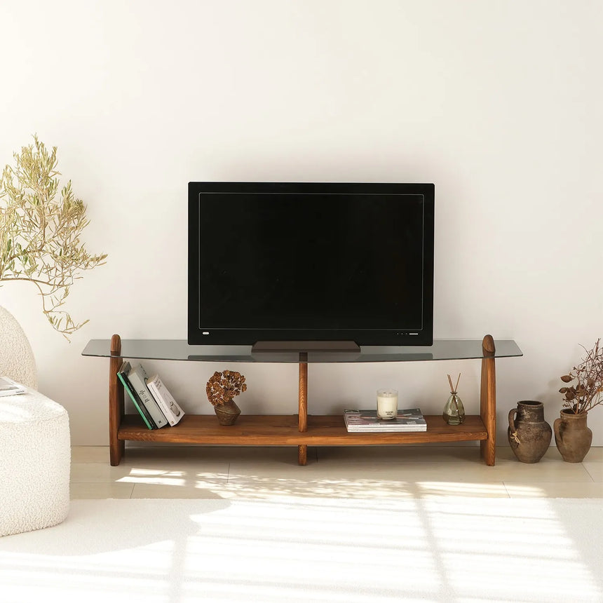 TV-Schrank Surf aus Kiefernholz und gehärtetem Glas in Kastanie und Rauch, 160×35×45 cm von Hanah Home – Bild 1
