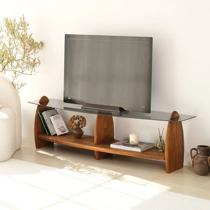 TV-Schrank Surf aus Kiefernholz und gehärtetem Glas in Kastanie und Rauch, 160×35×45 cm von Hanah Home – Bild 2