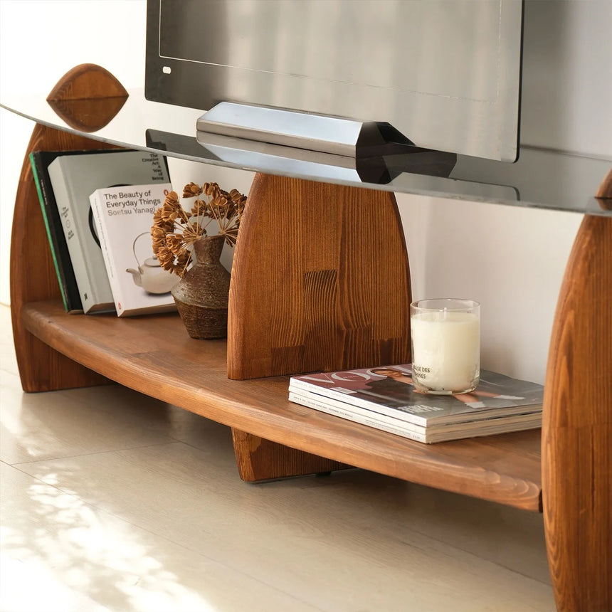 TV-Schrank Surf aus Kiefernholz und gehärtetem Glas in Kastanie und Rauch, 160×35×45 cm von Hanah Home – Bild 4