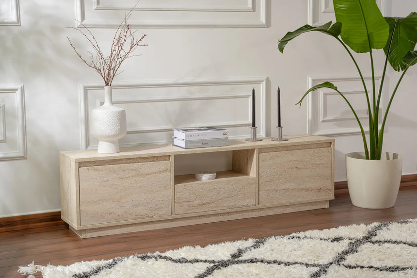 TV-Schrank Vanguard aus melaminbeschichteter Spanplatte in Travertin, 160×29,5×42 cm von Hanah Home – Bild 5
