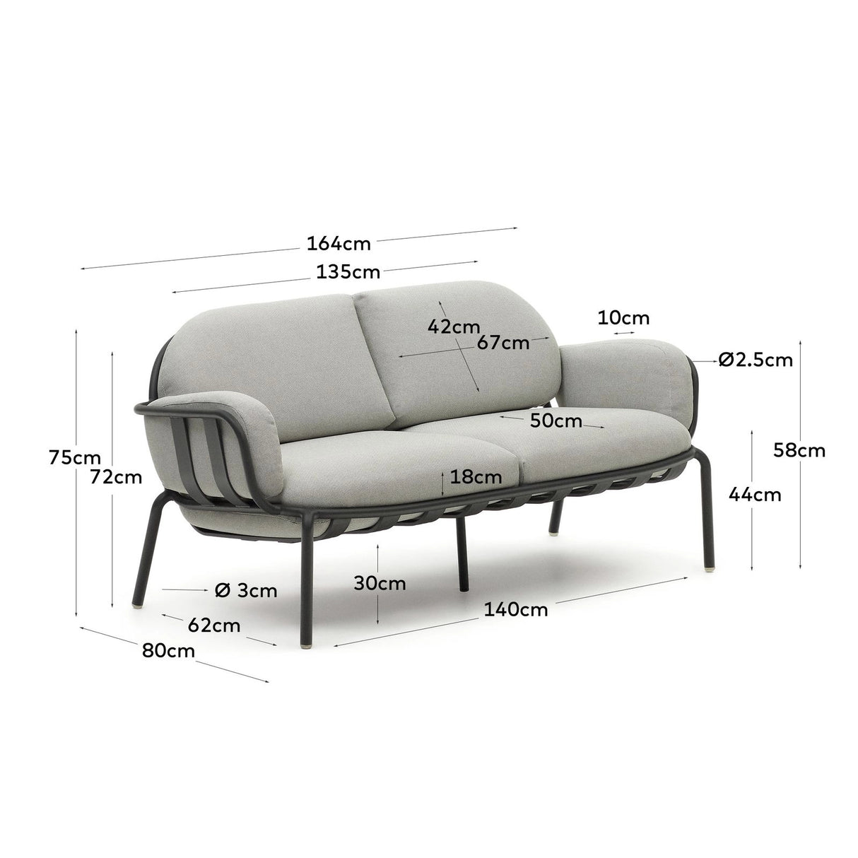 2-Sitzer-Outdoor-Sofa Joncols mit Bezug in Grau aus Aluminium mit grün lackiertem Finish 164 cm von Kave Home – Bild 2