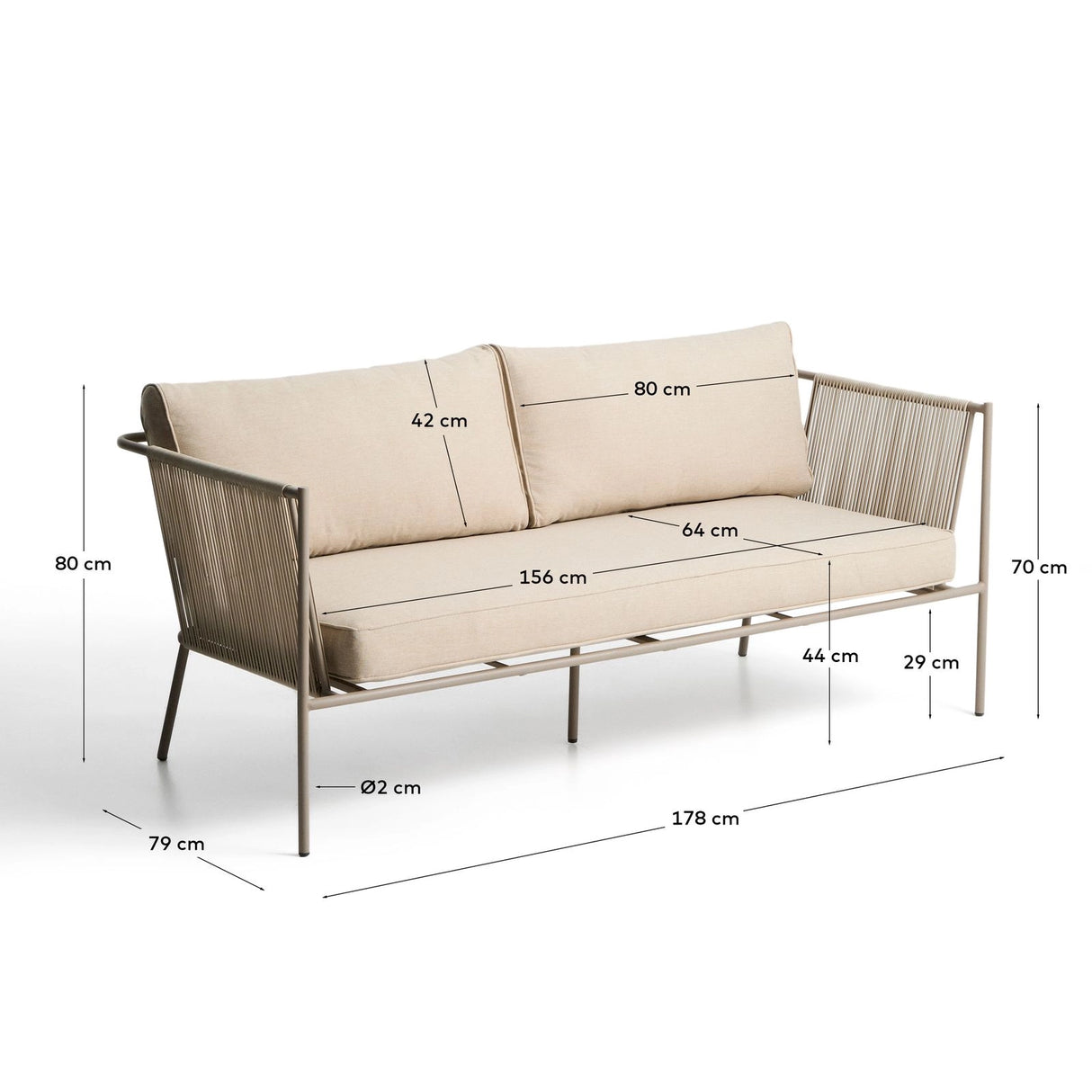 2-Sitzer-Outdoor-Sofa Zivia aus écrufarbenem Seil und taupefarben verzinktem Stahl 178 cm von Kave Home – Bild 2