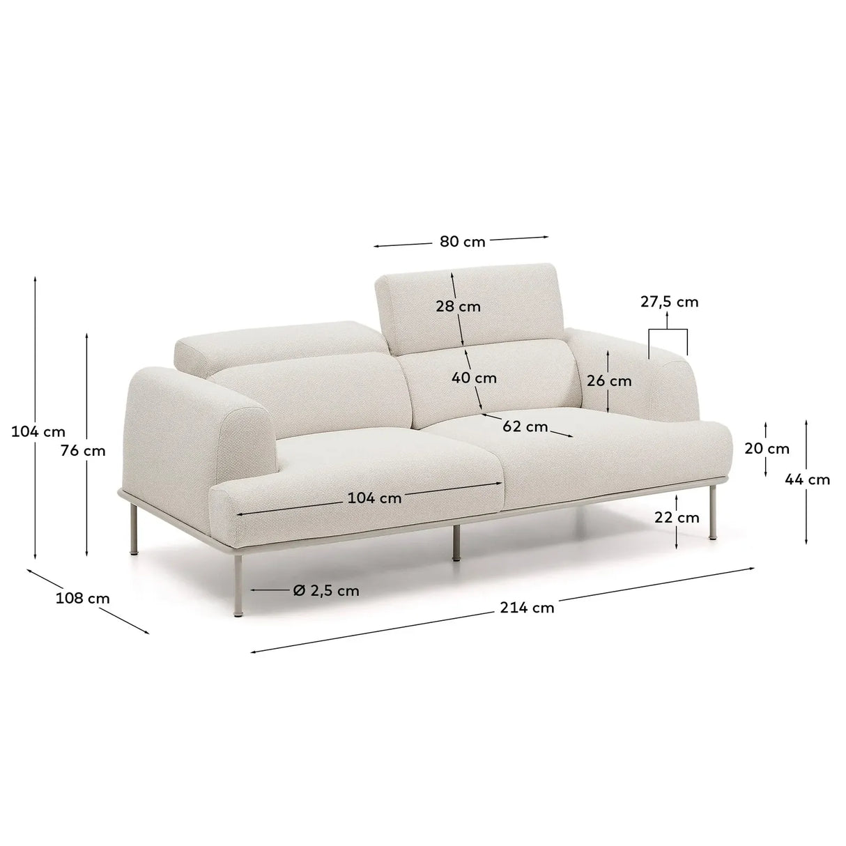 2-Sitzer-Sofa Aurum aus ecrufarbener Chenille mit verstellbarem Kopfteil und mattbeiger Metallbasis 210 cm FSC Mix Credit - ZEN ZONE Furniture